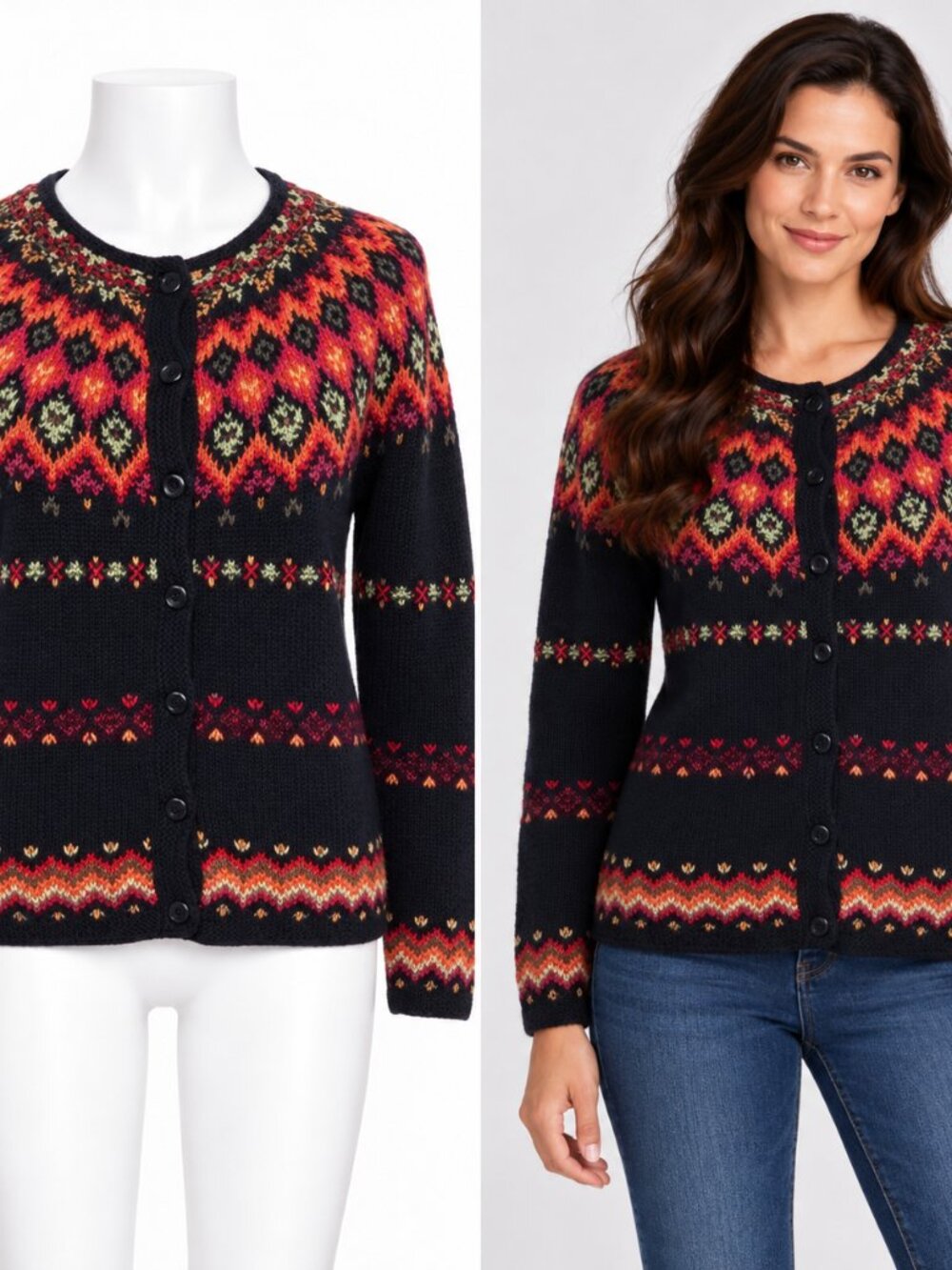 Talbots Hand Knit Fair Isle Cardigan Medium Nordic Folk Cozy Button Sweater